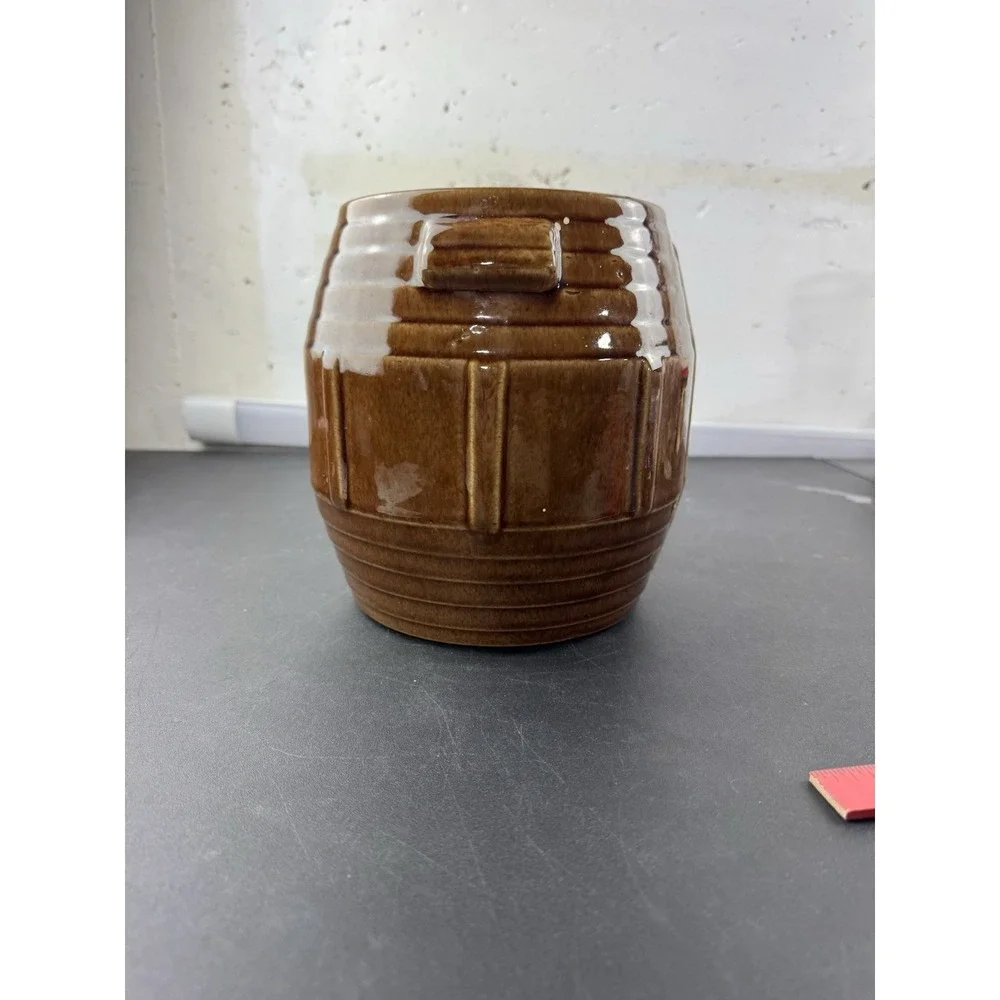 Vintage Ceramic Brown Barrel Cookie Jar Kitchen‎ Craft Storage no lid